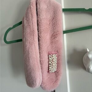 Pink Faux Fur Scarf with Pearl Accent